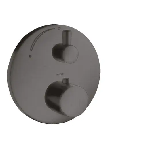 Schwarzes Thermostat mit zwei Steuerknöpfen für Temperatur und Wasserfluss, montiert auf einer runden Platte. Markenlogo AXOR sichtbar.